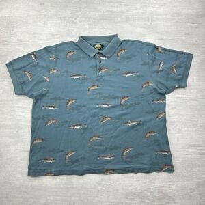 Vintage Cabela's Polo Mens Shirt 2XL Blue All Over Print Walleye Fish Fishing